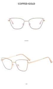 Detailed front and side view of cat-eye metallic eyeglass frames in gold and coffee colors
