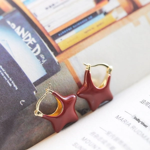 Elegant burgundy star-shaped hoop earrings with gold plating on artistic book background
