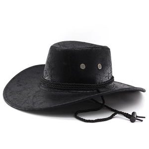 Black western cowboy hat with distressed crackle texture and adjustable chin strap