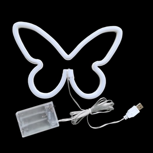 Detail of LED butterfly neon light showing dual USB and battery box power supply