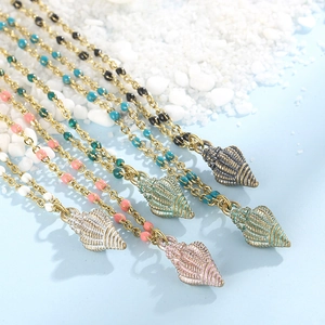 Women's gold titanium steel seashell pendant necklace with vibrant multi-color beads