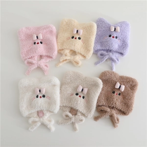 Plush cat ear hats in six colors with bow ties and embroidery details for girls