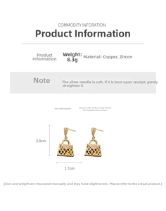 Detailed view showing dimensions 3.8cm by 1.7cm of zircon handbag earrings