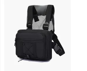 Detailed view of tactical chest bag showing breathable mesh back and adjustable buckles