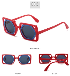 Three-view display of square oversized sunglasses with red and blue contrast color frame