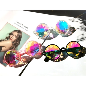 Acrylic kaleidoscope sunglasses with faceted rainbow lenses in clear, pink and black frames