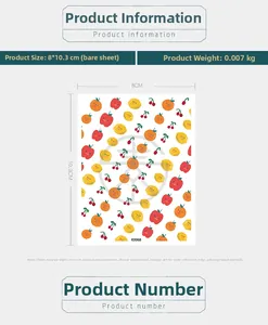 Detailed size chart for fruit-themed 5D nail art stickers showing 8x10.3cm dimensions