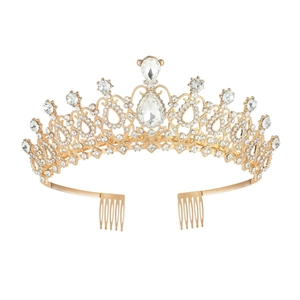 Luxurious gold bridal crown with crystal rhinestones and teardrop stones on white background