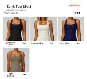 Close-up of ribbed texture and U-neckline on women's yoga vest in four assorted colors