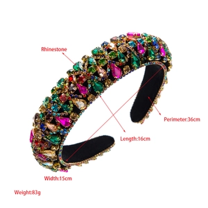 Luxury Baroque style wide headband with colorful rhinestones on black velvet base