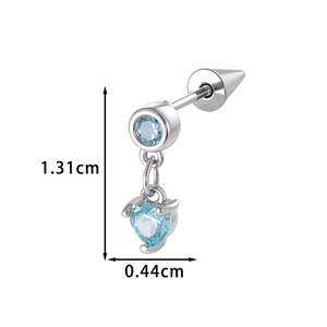 Silver earring with light blue heart and round gemstones, length 1.31cm and width 0.44cm