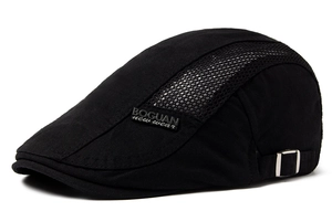 Detail view of black cotton flat cap featuring breathable mesh panels and metal adjustment buckle
