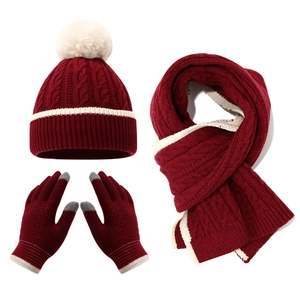Detail von Winter-Strickset mit Bommelmütze, Schal und Touchscreen-Handschuhen in Burgund