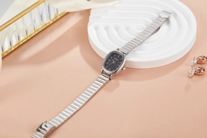 Dettaglio di orologio al quarzo ovale argento con elegante cinturino a catena