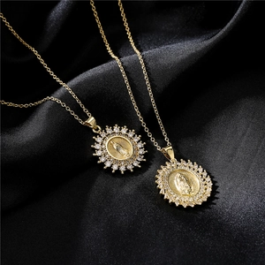 Virgin Mary Pendant Necklace Gold Plated Copper Sunburst Cubic Zirconia Religious Jewelry For Women Vintage Classic Icon Faith