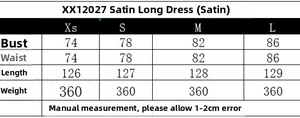 Tableau des tailles détaillé pour robe maxi en satin avec mesures de buste et de taille