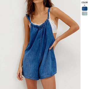 Women Denim Romper Adjustable Straps Functional Pockets Back Tie Loose Fit Casual Summer Streetwear