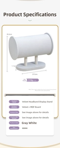 Detail view of velvet headband display stand with size measurements and T-bar dimensions