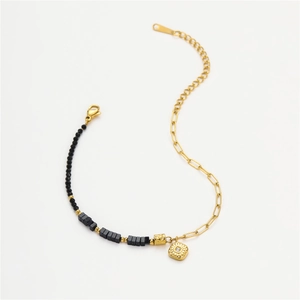Handmade beaded stainless steel bracelet with black stones and zircon pendant