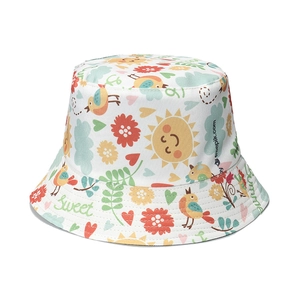 Cappello a secchiello in tela bianca con stampe colorate di sole e fiori per ragazze