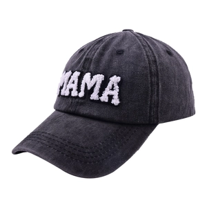 Distressed dark grey washed cotton baseball cap with white MAMA chenille embroidery
