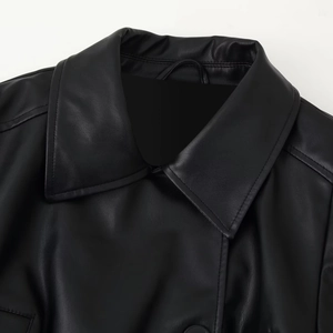 Chic trench-coat court en similicuir noir avec col à revers élégant pour femme