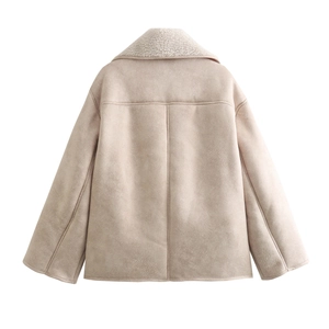 Women's faux suede shearling jacket in beige, back view with warm fleece lining