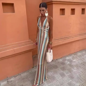 Women's V-neck crochet maxi dress with colorful wave pattern for summer beach parties