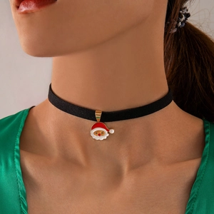 Christmas Choker Necklace Black Velvet Strap Alloy Enamel Santa Claus Pendant Festive Holiday Jewelry For Women