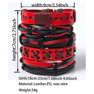 Detail view of multi-layer leather bracelets with size specs and material info