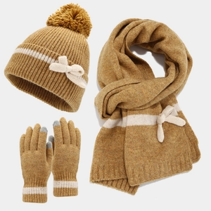 Detailed view of ginger and white striped knit hat, scarf and touchscreen gloves set