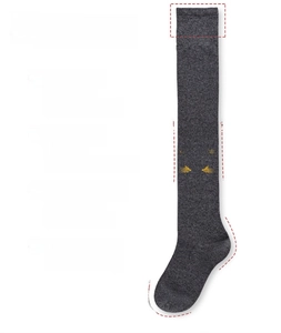 Detail of dark grey over-knee socks featuring elastic cuffs and 3D ergonomic heel design