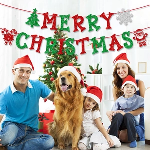 Glittery Merry Christmas banner set with Santa and snowflake ornaments for home decor