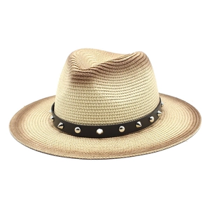 Straw fedora hat with rivet leather belt and gradient paint design for summer fashion