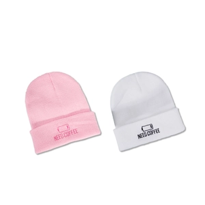 Winter knitted beanies in pink and white with NEED COFFEE embroidery and battery icon