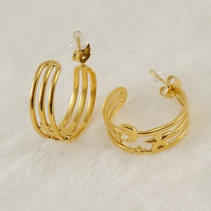 Chic 18K gold plated stainless steel hoop earrings with star and moon cutouts