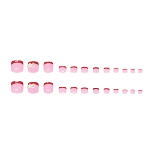 24pcs French daisy press-on toenails with pink base, red tips, and 3D floral accents