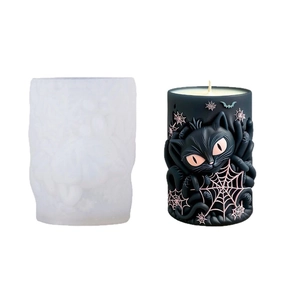 3D Halloween cat and spider web silicone candle mold with finished black wax candle