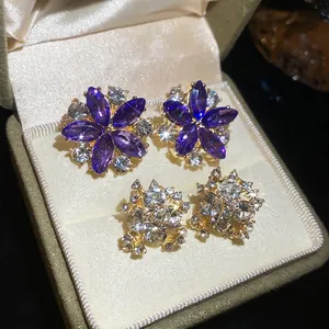 Purple Flower Stud Earrings Alloy Rhinestone With 925 Sterling Silver Earring Post Elegant Floral Fashion Jewelry Women