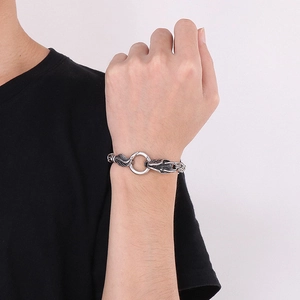 Bracelet punk pour hommes en acier inoxydable avec deux têtes de lion et anneau central