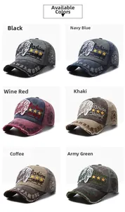 Detailed color selection of vintage washed cotton baseball caps with embroidered patches