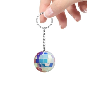 Colorful PET disco ball keychain with iridescent mirror tiles and silver metal ring