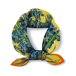 Artistic Van Gogh Iris print square silk scarf with vibrant yellow and blue floral design