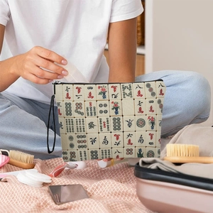 Canvas mahjong print cosmetic bag with top zipper and wristlet strap for daily storage