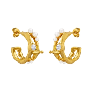 French vintage irregular C-shape earrings with pearls and zircon in gold finish