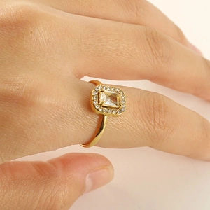 Stainless Steel 18K Gold Plated Ring Rectangular Zircon Halo Adjustable Opening Simple Fashion Jewelry For Women