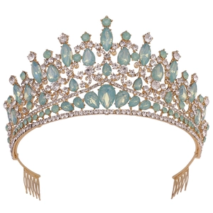Detail showing the gold alloy base and light blue crystal gems of the vintage bridal crown