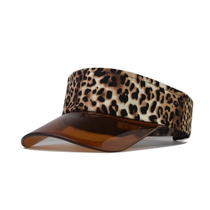 Fashionable leopard print open top sun hat with a tinted brown transparent visor for women
