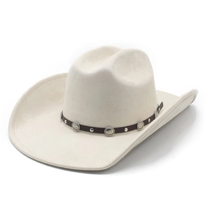 Classic cream wide brim western cowboy hat with brown studded leather decorative band