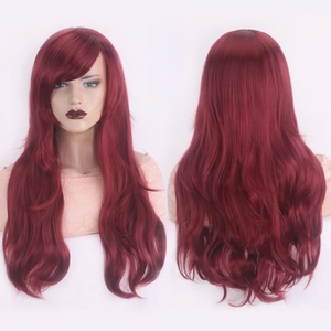 Vista frontal y trasera de una peluca larga ondulada de 70 cm para cosplay rojo